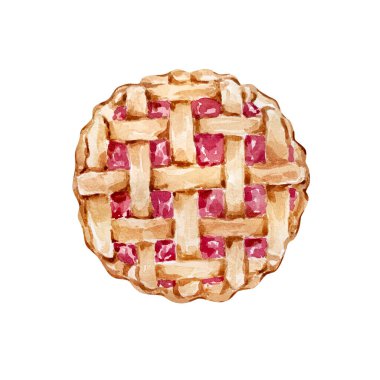 Beyaz arka planda izole edilmiş çilekli bir turtanın suluboya Noel çizimi