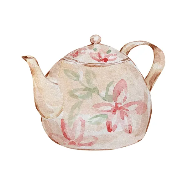 Watercolor Christmas Illustration Beige Teapot Flowers Isolated White Background — Stock Photo, Image