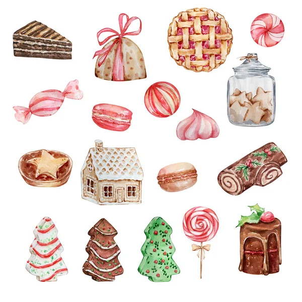 水彩画圣诞图集糖果和糕点 姜饼饼干 糖果与白色背景隔离 — 图库照片