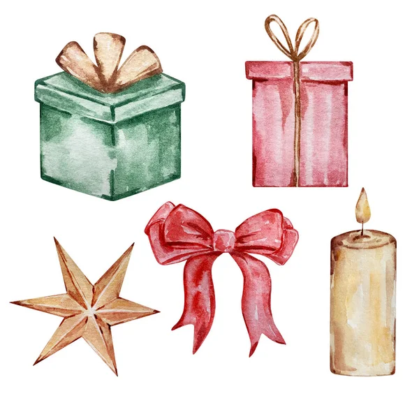 Watercolor Χριστουγεννιάτικη Εικονογράφηση Σετ Δώρα Αστέρι Τόξο Και Κερί Που — Φωτογραφία Αρχείου