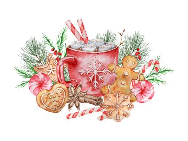 Kakao ve kurabiyeli suluboya Noel çizimi. Elle boyanmış bir fincan kakao, marşmelov, zencefilli ekmek ve beyaz arka planda izole edilmiş tarçın çubukları. Tatil kartları.