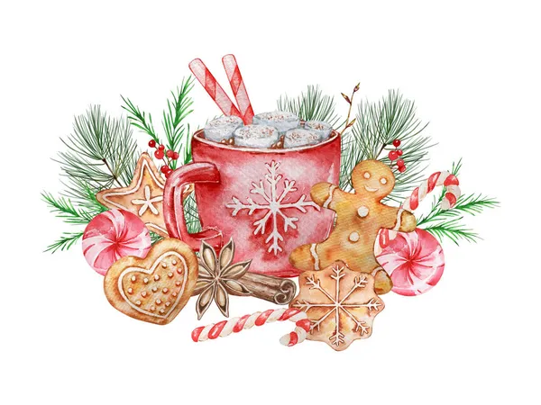 Akvarelové Vánoční Ilustrace Kakaem Sušenkami Ručně Malovaný Šálek Kakaa Marshmallow — Stock fotografie