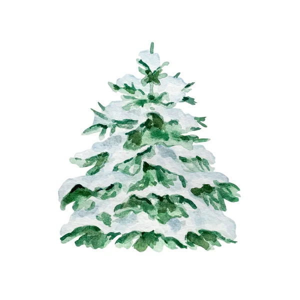 Υδατογραφία Χριστουγεννιάτικη Απεικόνιση Του Πράσινου Έλατου Χιόνι Απομονωμένο Λευκό Φόντο — Φωτογραφία Αρχείου