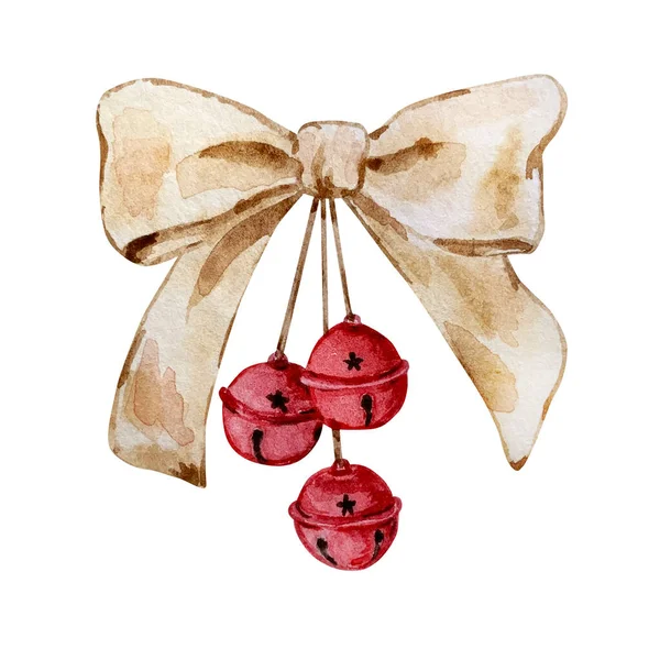 白い背景に隔離されたベージュの弓と赤い小さな鐘の水彩クリスマスイラスト — ストック写真