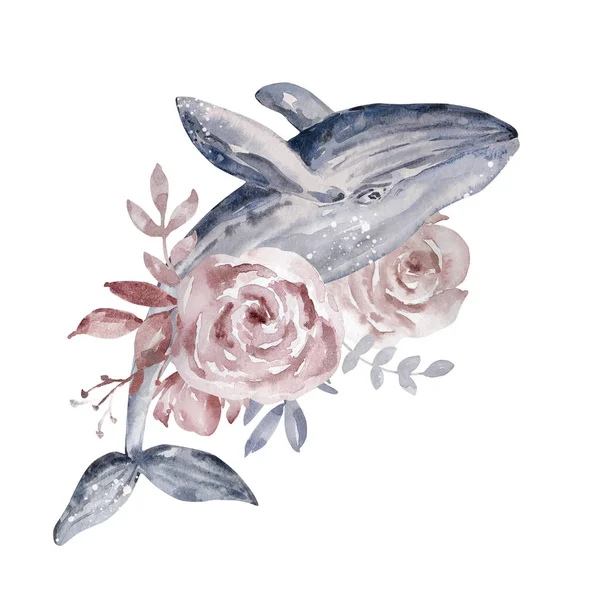 Illustrazione Acquerello Magica Composizione Astratta Celeste Balena Con Rose Foglie — Foto Stock