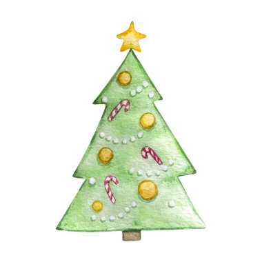 Suluboya Noel illüstrasyonu, kış kasabası unsurları, oyuncaklı Noel ağacı.