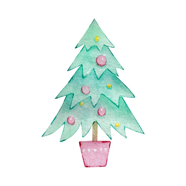 Illustration Noël Aquarelle Éléments Ville Hiver Arbre Noël Avec Jouets — Photo