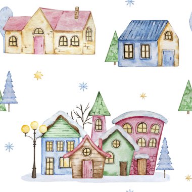 Beyaz arka planda zarif Noel evleri, kış ağaçları ve yıldızlar olan suluboya desenler..
