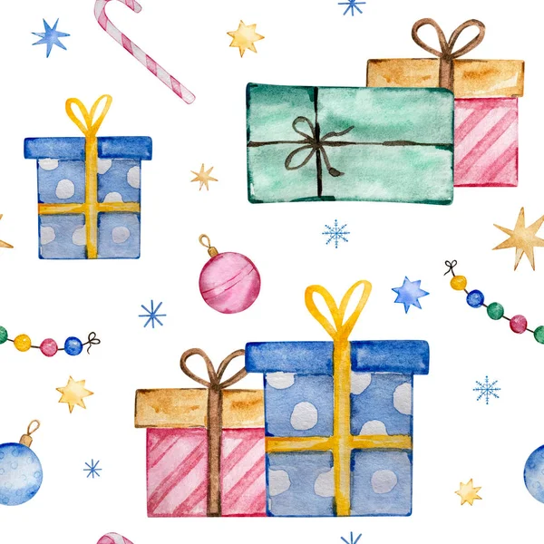 Aquarellmuster Mit Geschenkschachteln Weihnachtsspielzeug Und Girlanden Auf Weißem Hintergrund — Stockfoto
