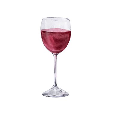 Beyaz arka planda kırmızı şaraplı bir bardağın suluboya Noel çizimi