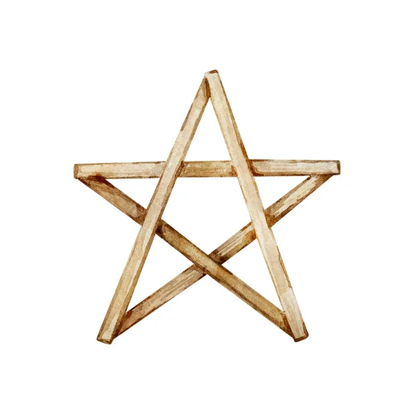 Watercolor Winter Illustration Christmas Wooden Star White Background — Stock Photo, Image