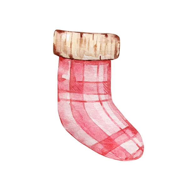 Υδατογραφία Χριστούγεννα Εικονογράφηση Ζεστό Χειμώνα Κόκκινη Κάλτσα Λευκό Φόντο — Φωτογραφία Αρχείου