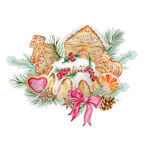 Akvarel Vánoční Ilustrace Dort Perník Ručně Malovaný Koláč Perník Jedle — Stock fotografie