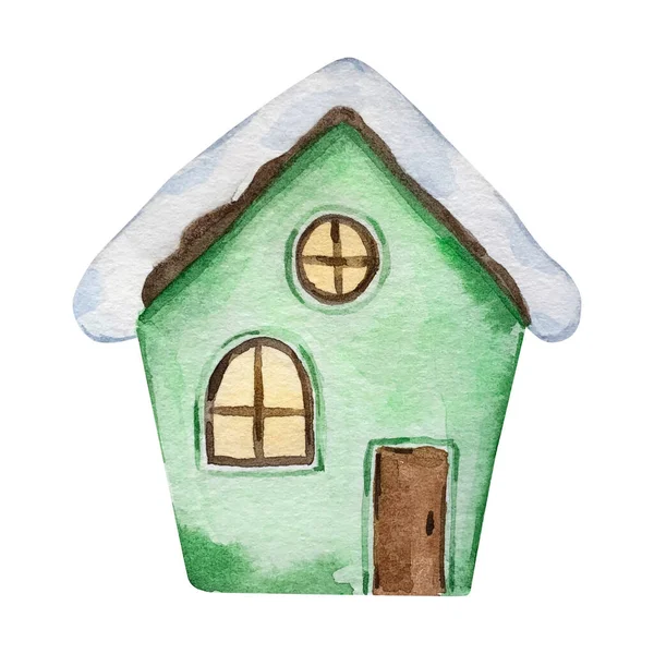 Akvarel Vánoce Roztomilý Zelený Dům — Stock fotografie