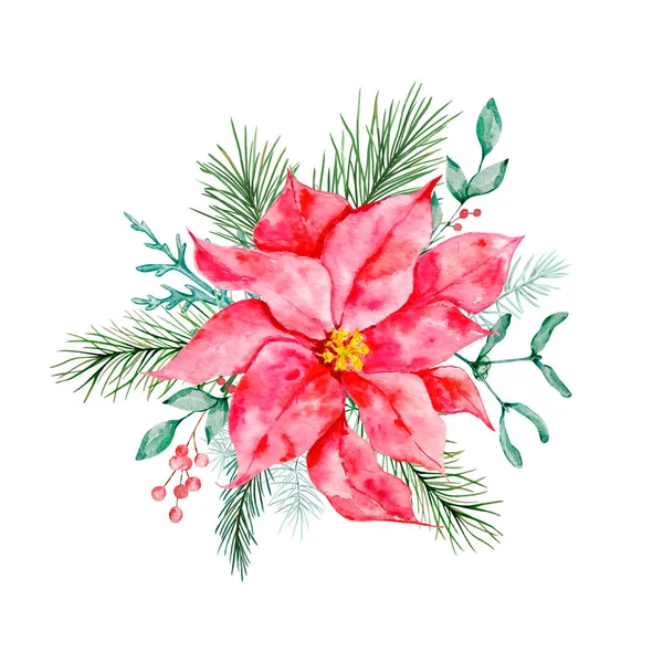 Akvarelové Vánoční Složení Kytice Špiček Zimní Zelenější — Stock fotografie