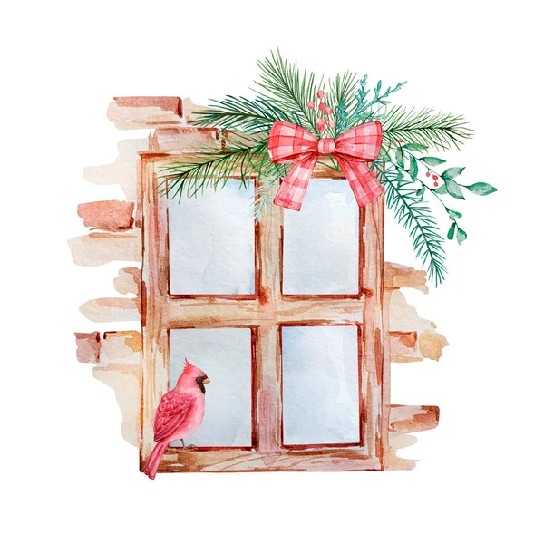 Υδατογραφία Χριστουγεννιάτικη Σύνθεση Παράθυρο Καρδινάλιο Πουλί Και Ένα Μπουκέτο Από — Φωτογραφία Αρχείου