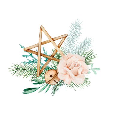 Suluboya Noel kompozisyonu, çiçekler ve ahşap yıldızlı bir buket kış yeşilliği.