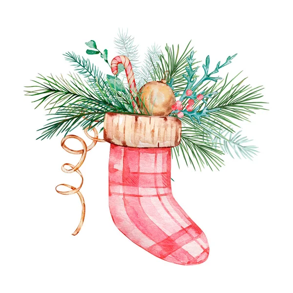 Suluboya Noel Kompozisyonu Kışın Yeşili Buketli Kırmızı Çorap — Stok fotoğraf