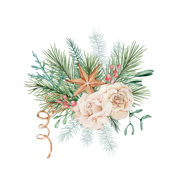 Composición Navidad Acuarela Ramo Vegetación Invernal Con Flores Estrella — Foto de Stock