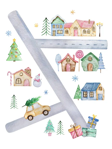 Akvarel Vánoční Ilustrace Mapou Města Domy Vánoční Stromky Bílém Pozadí — Stock fotografie
