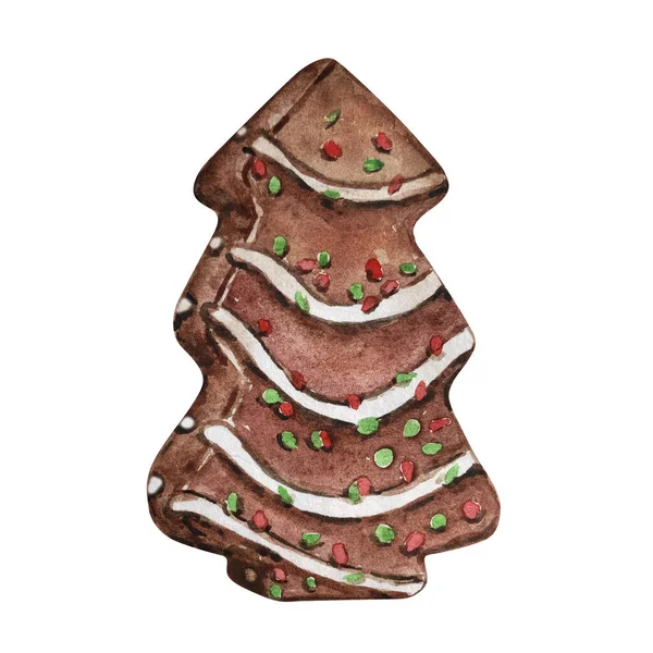 Watercolor Christmas Chocolate Cake Tre — Stock Photo, Image