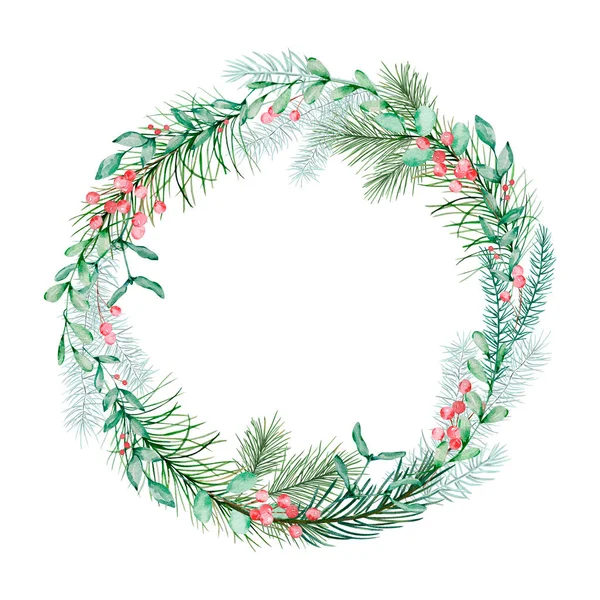 Aquarell Weihnachtskranz Aus Wintergrün Und Roten Beeren — Stockfoto