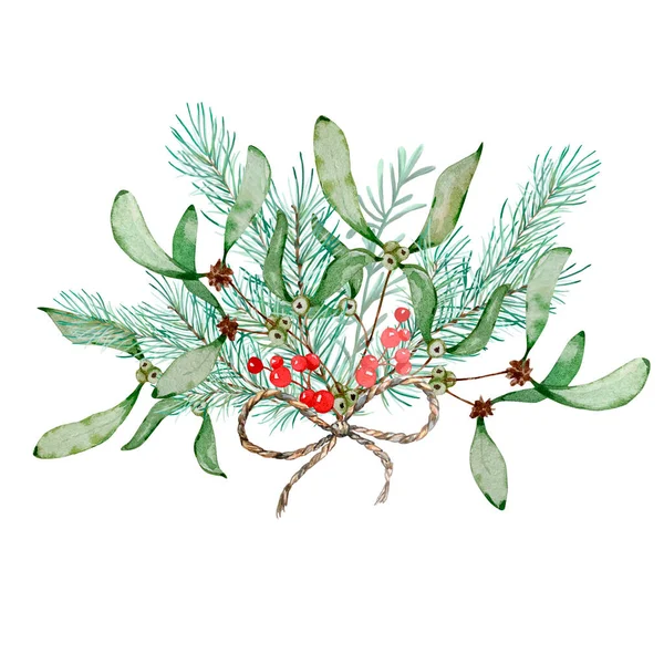 Акварельний Різдвяний Квітковий Букет Листівка Ботанічного Дизайну Традиційним Декором Зимових — стокове фото