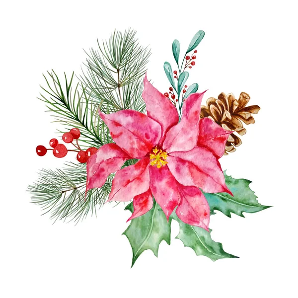 Buquê Floral Natal Aquarela Cartão Postal Design Botânico Com Decoração — Fotografia de Stock