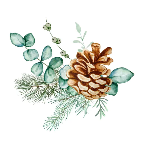 Ramo Flores Navidad Acuarela Postal Diseño Botánico Con Decoración Tradicional — Foto de Stock