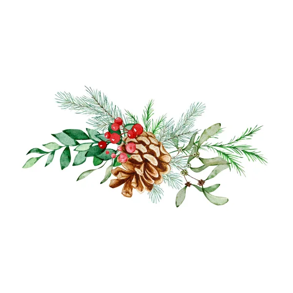 Akvarel Vánoční Květinová Kytice Botanická Pohlednice Tradičním Dekorem Zimních Rostlin — Stock fotografie