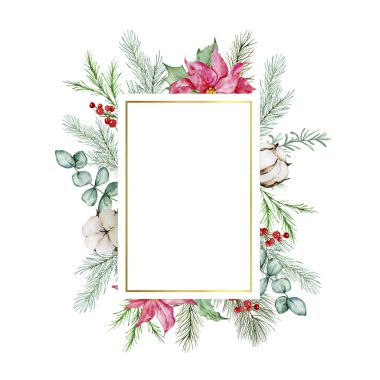 Suluboya Noel çiçekleri. Geleneksel kış bitkilerini süsleyen botanik tasarım kartpostalı