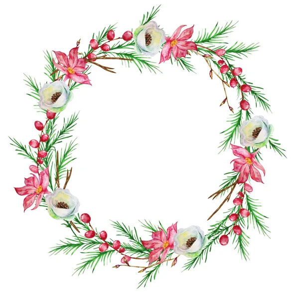 Акварельний Різдвяний Квітковий Вінок Листівка Ботанічного Дизайну Традиційним Декором Зимових — стокове фото