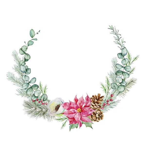 Corona Floral Navidad Acuarela Postal Diseño Botánico Con Decoración Tradicional — Foto de Stock