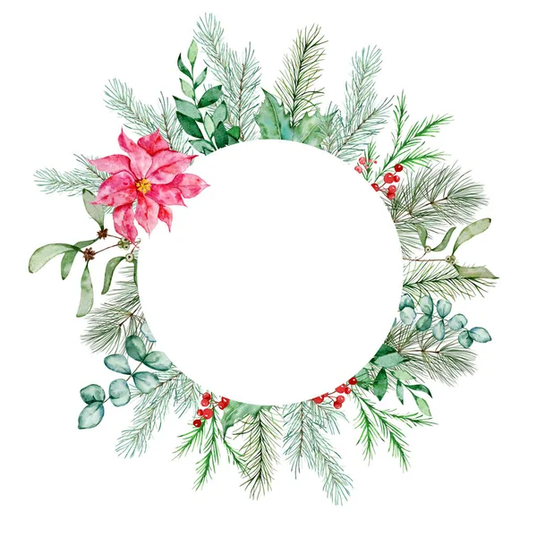Aquarell Weihnachten Floralen Rahmen Botanische Design Postkarte Mit Traditionellem Dekor — Stockfoto