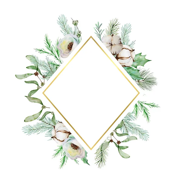 Marco Floral Navidad Acuarela Postal Diseño Botánico Con Decoración Tradicional — Foto de Stock