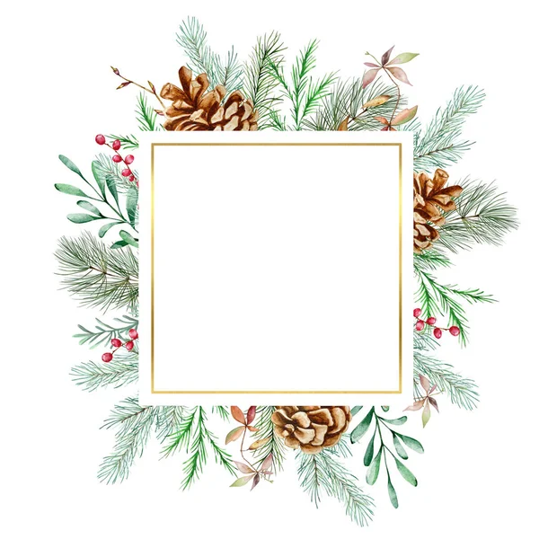 Watercolor Christmas Floral Frame Botanical Design Postcard Traditional Decor Winter — Fotografia de Stock