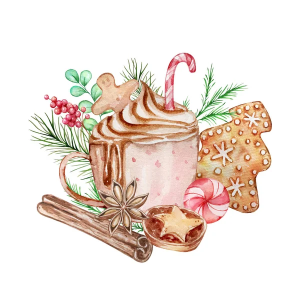 Akvarel Vánoční Ilustrace Hrnkem Kakaa Perníku Ručně Malovaný Růžový Hrnek — Stock fotografie