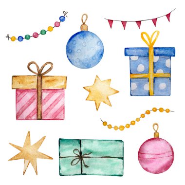 Suluboya Noel illüstrasyonu, kış kasabası unsurları, Noel süsleri, yıldızlar, çelenkler, bayraklar, oyuncak, yuvarlak, boncuklar ve kutular hediye