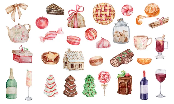 Acquerello Natale Set Illustrazione Dolci Dolci Biscotti Pan Zenzero Dolci — Foto Stock