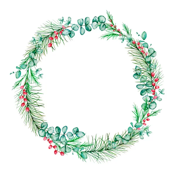 Akwarelowy Wianek Świąteczny Botaniczny Projekt Pocztówka Tradycyjnym Wystrojem Roślin Zimowych — Zdjęcie stockowe