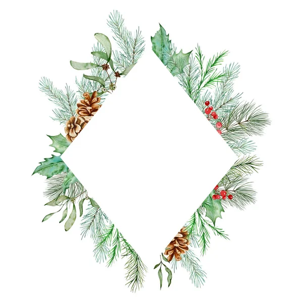 Watercolor Christmas Floral Frame Botanical Design Postcard Traditional Decor Winter — Fotografia de Stock