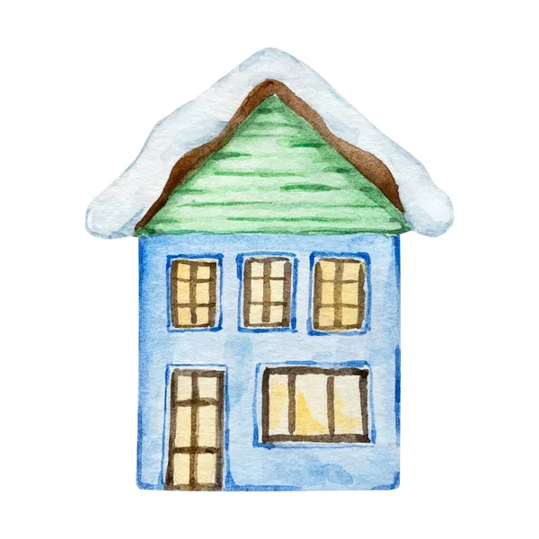 水彩画圣诞可爱的蓝色房子 — 图库照片