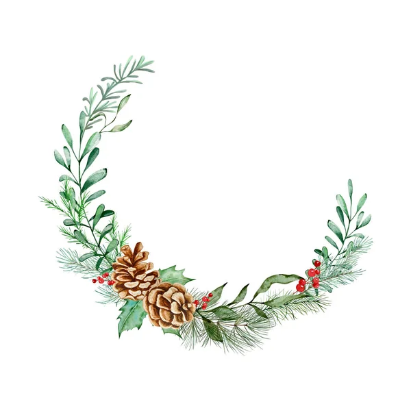 Watercolor Christmas Floral Wreath Botanical Design Postcard Traditional Decor Winter — 图库照片