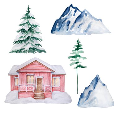 Suluboya kış çizimi, ev, dağlar, köknar ağacı ve çam beyaz arka planda izole