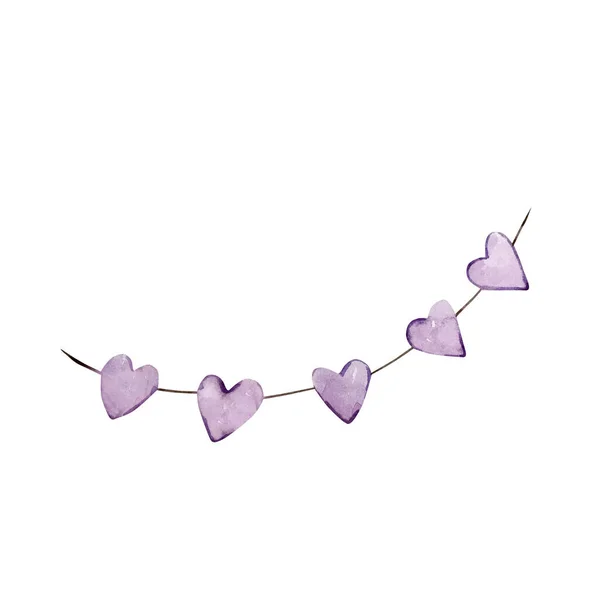 Watercolor Illustration Valentine Day Garland Purple Hearts — Stock Photo, Image