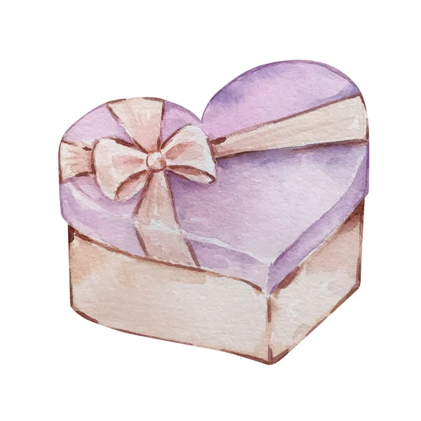 Watercolor Illustration Valentine Day Heart Shaped Gift Box — Stock Photo, Image