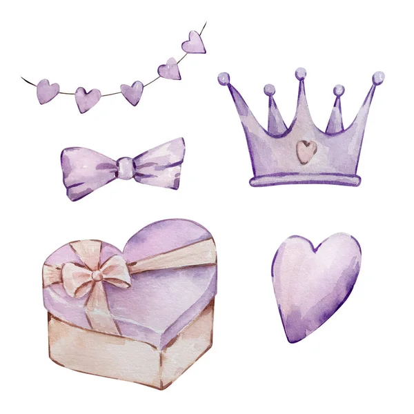 Aquarell Illustrationen Set Zum Valentinstag Violette Schachtel Krone Und Herzen — Stockfoto