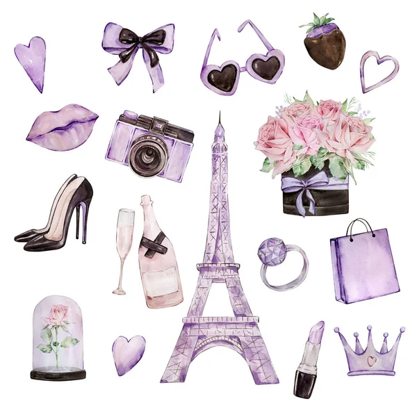 Aquarell Illustrationsset Zum Valentinstag Eiffelturm Lippen Blumen Krone Kamera Und — Stockfoto