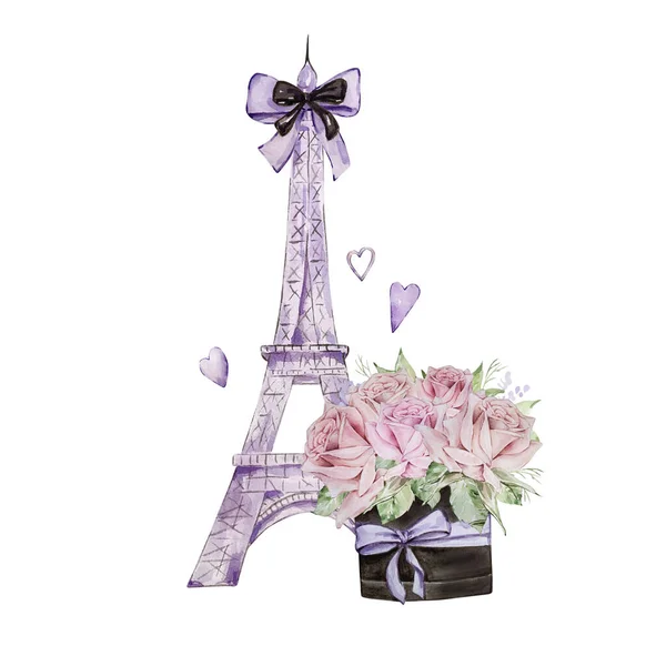 Valentinstag Aquarell Komposition Lila Eiffelturm Mit Einem Strauß Rosen — Stockfoto