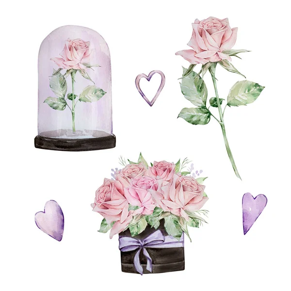 Watercolor Illustration Valentine Day Bouquet Roses Rose Glass Jar Delicate — Stock Photo, Image